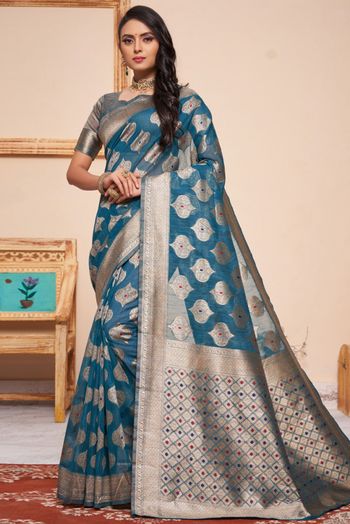 Blue Color Silk Cotton Striped Handloom Saree with Jute Pallu – BharatSthali