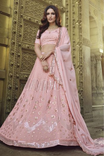 Ninecolours.com - Onion Pink Colour Butter Crepe Lehenga Choli Comes With  Matching Blouse and Dupatta. This Lehenga Choli Is Crafted With Thread  Work,Foil Work,Zari Work,Sequins Work. This Lehenga Choli Comes As Semi