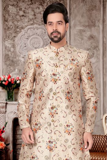 Jacquard Dhoti Sherwani In Cream Colour