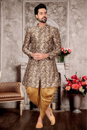 Jacquard Dhoti Sherwani In Cream Colour