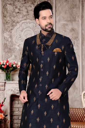 Jacquard Dhoti Sherwani In Navy Blue Colour