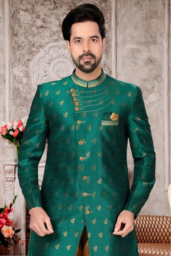 Jacquard Dhoti Sherwani In Rama Green Colour