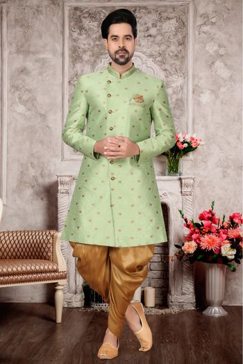 Jacquard Dhoti Sherwani In Sea Green Colour