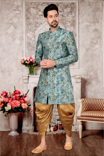 Jacquard Dhoti Sherwani In Sky Blue Colour