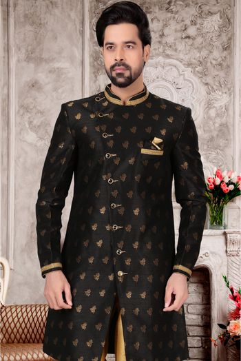 Jacquard Sherwani In Black Colour