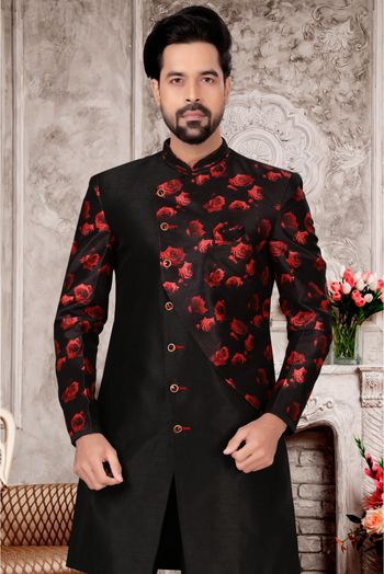 Jacquard Sherwani In Black Colour