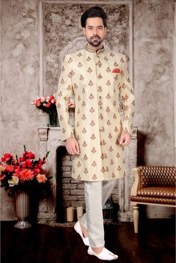 Jacquard Sherwani In Cream Colour