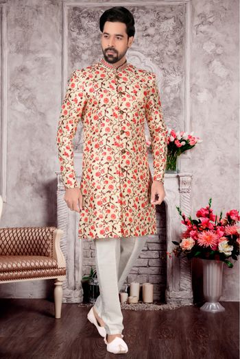 Jacquard Sherwani In Cream Colour