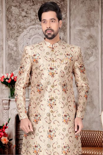 Jacquard Sherwani In Cream Colour