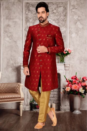 Jacquard Sherwani In Maroon Colour