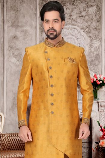 Jacquard Sherwani In Mustard Colour