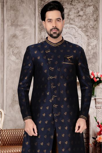 Jacquard Sherwani In Navy Blue Colour