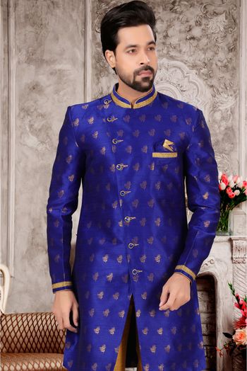 Jacquard Sherwani In Royal Blue Colour