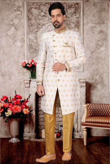 Jacquard Sherwani In White Colour