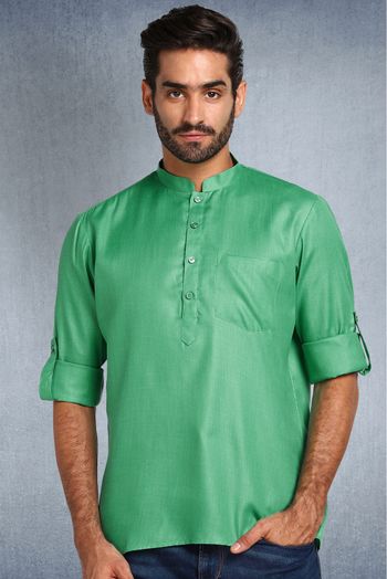 Polyester Cotton Short Kurta In Parrot Green Colour