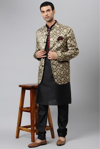 Polyester Viscose Kurta Pajama With Blazer In Black Colour