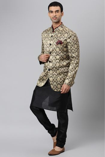 Polyester Viscose Kurta Pajama With Blazer In Black Colour