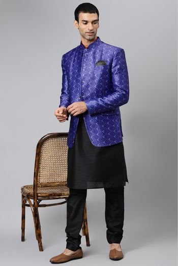 Polyester Viscose Kurta Pajama With Blazer In Black Colour