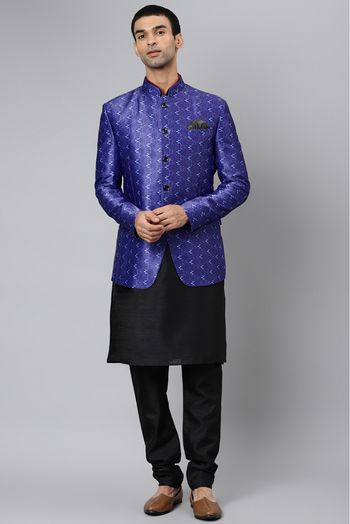 Polyester Viscose Kurta Pajama With Blazer In Black Colour