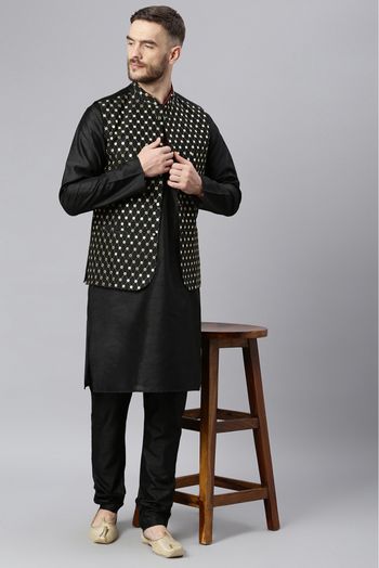 Polyester Viscose Nehru Jacket In Black Colour