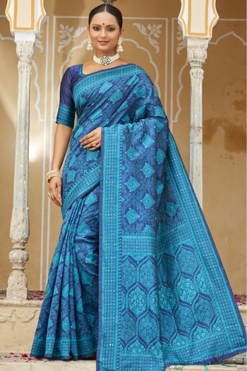 Buy HOUSE OF BEGUM Women's Royal Blue Katan Zari Work Saree with Unstitched  Printed Blouse | Shoppers Stop