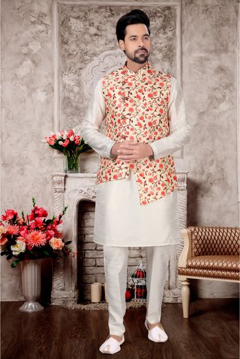 Silk Dupion Kurta Pajama With Jacket In White And Cream Colour