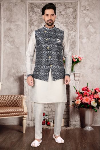 Silk Dupion Kurta Pajama With Jacket In White And Multicolour Colour