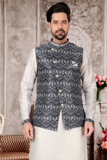 Silk Dupion Kurta Pajama With Jacket In White And Multicolour Colour