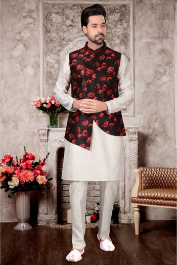 Silk Dupion Kurta Pajama With Jacket In White Black Colour