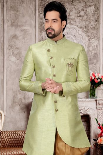 Slub Silk Dhoti Sherwani In Light Green Colour