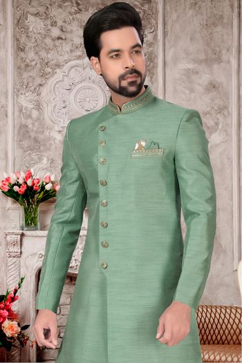 Slub Silk Dhoti Sherwani In Pastal Green Colour