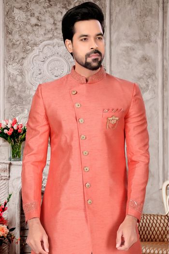 Slub Silk Dhoti Sherwani In Peach Colour