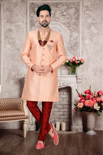 Slub Silk Sherwani In Peach Colour