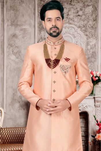 Slub Silk Sherwani In Peach Colour