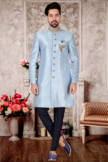 Slub Silk Sherwani In Sky Blue Colour