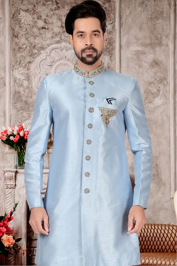 Slub Silk Sherwani In Sky Blue Colour