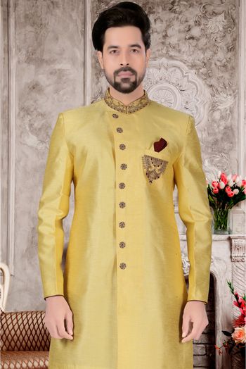 Slub Silk Sherwani In Yellow Colour