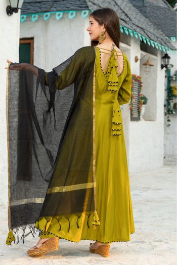 Plus Size Stitched Rayon Solid Anarkali Suit In Parrot Green Colour