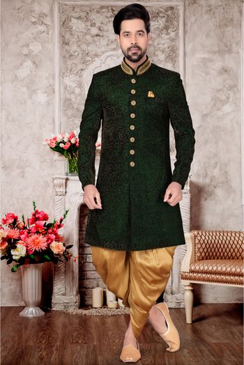 Velvet Dhoti Sherwani In Bottle Green Colour