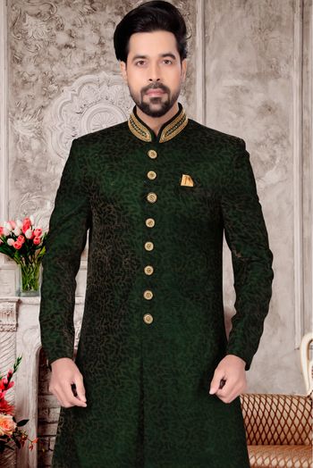 Velvet Dhoti Sherwani In Bottle Green Colour