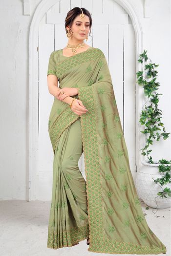 Vichitra Silk Embroidery Saree In Pista Green Colour