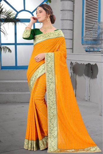 Vichitra Silk Lace Work Saree In Mustard Colour