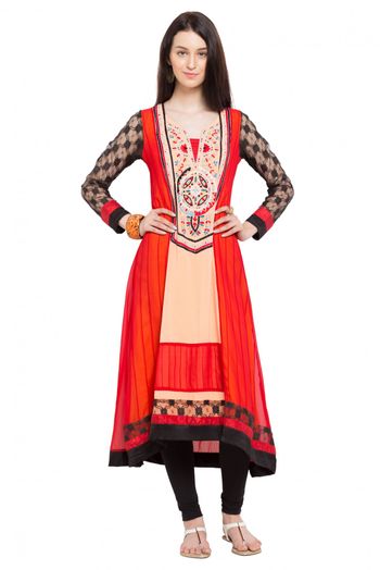 Plus Size Faux Georgette Kurti In Cream And Red Colour Sizes Available - 28 To 66