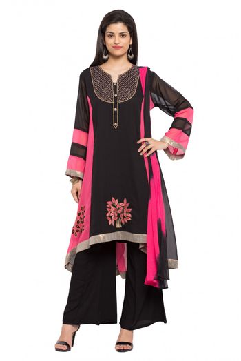 Plus Size Stitched Faux Georgette Palazzo Pant Suit In Black And Pink Colour Plus Size Up To  SS2710013