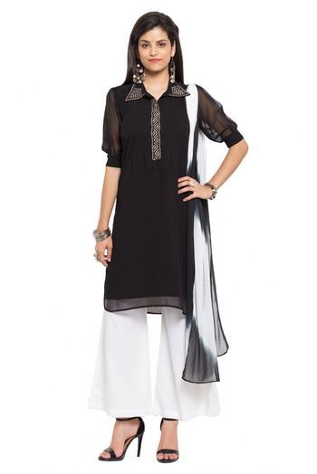Plus Size Stitched Faux Georgette Palazzo Pant Suit In Black Colour Plus Size Up To  -  SS2710012