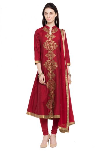 Plus Size Stitched Cotton Silk Anarkali Suit In Red Colour Upto 66