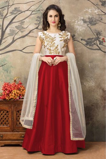 Taffeta And Silk Party Wear Anarkali Suit In Cream And Red Colour