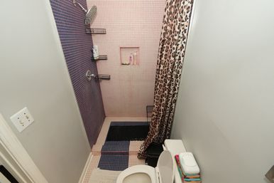 Cozy home bathroom with pink-and-purple mosaic tiled shower, overhead rain shower, leopard-print curtain pulled aside, built-in niche with toiletries, white toilet with open lid and stacked wipes, and black bath mats.