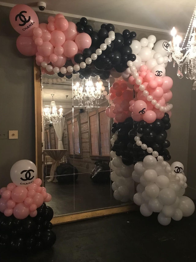 Chanel Balloon Garland  Black and white party decorations, Pink