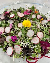 Colorful garden-fresh salad in a glass bowl with thin radish slices, microgreens, mixed greens and edible flowers